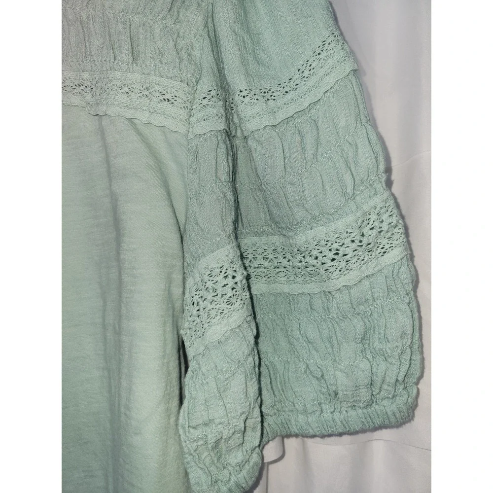 LOFT Mint Green Smocked Lace Puff Sleeve Top Womens Large Knit Blouse 1322